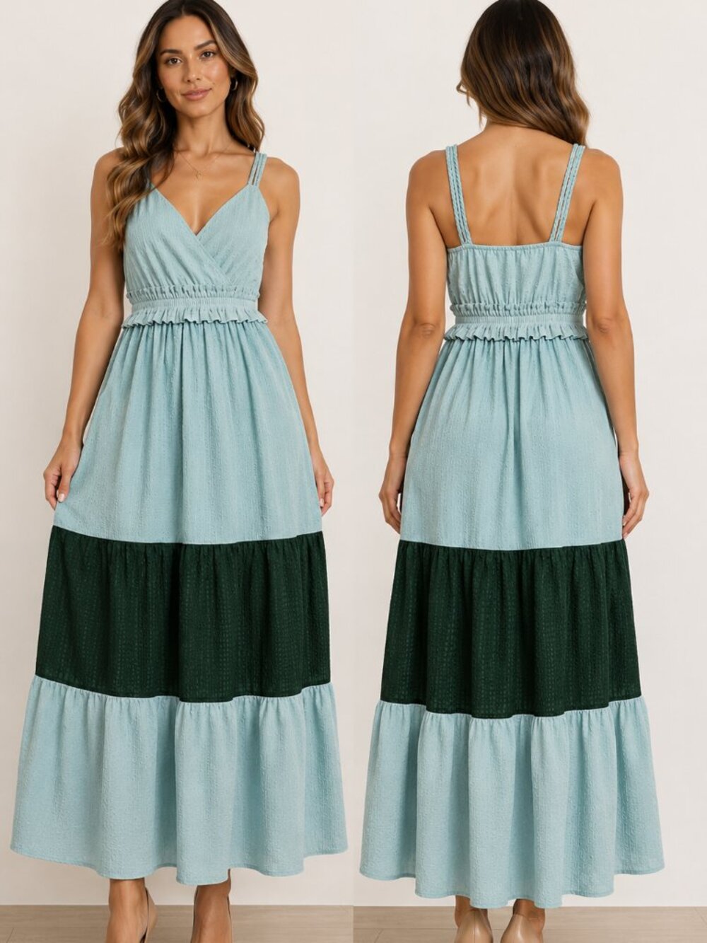 Koko + Mason Blue Green Tiered Maxi Dress Small Surplice V-Neck Sleeveless Boho